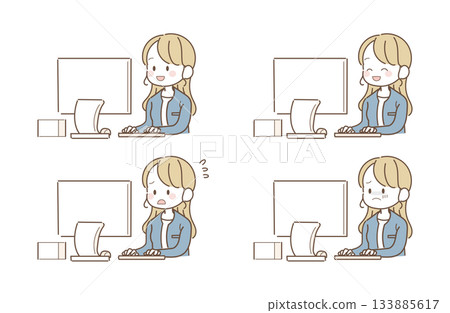 Female office worker using a computer facial expression set 133885617