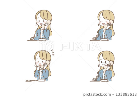 Female office worker answering the phone, memo, facial expression set 133885618