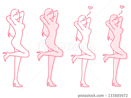 Icon set of a woman with a heart, posing in pink line drawing, representing beauty, dieting, and beauty 133885672
