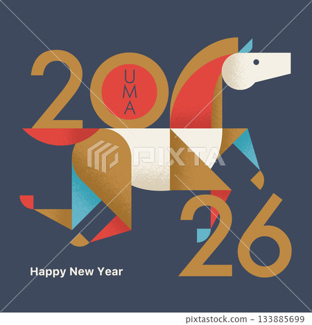 Modern and chic 2026 (geometric horse) Japanese-style navy New Year's card for Instagram 133885699