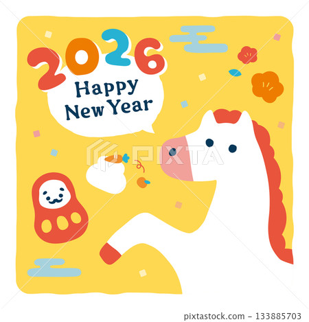 2026年（馬年）日本新年流行風格賀卡，以白馬和達摩不倒翁為主題，適用於Instagram 133885703