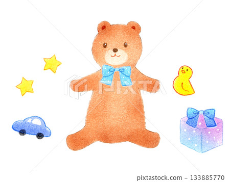 Cute teddy bear for boys, hand-drawn illustration, baby, children's, pastel, colored pencil, watercolor style Cute teddy bear for boys, hand-drawn illustration, baby, children's, pastel, colored pencil, watercolor style 133885770