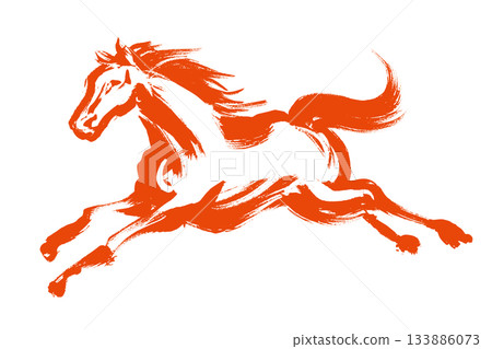 Artistic brush-drawn illustration of a dynamically running horse 133886073