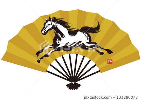 A monochrome illustration of a dynamically running horse drawn with a brush on a golden fan A monochrome illustration of a dynamically running horse drawn with a brush on a golden fan 133886078
