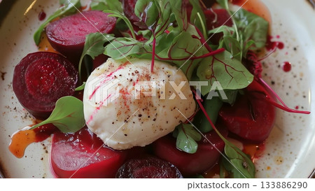 Vibrant beetroot salad with creamy burrata, delicate microgreens, cracked pepper, showcasing refined culinary artistry on pristine white plate Vibrant beetroot salad with creamy burrata, delicate microgreens, cracked pepper, showcasing refined culinary artistry on pristine white plate 133886290
