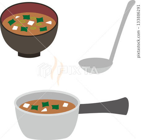 Home cooking miso soup and pot, bowl, ladle illustration material set Home cooking miso soup and pot, bowl, ladle illustration material set 133886291