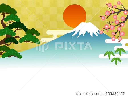 新年卡片背景：富士山、松樹、竹子和梅花，橫幅 133886452