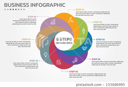 Visual data presentation. Cycle diagram with 8 options. Pie Chart Circle infographic template with 8 steps, options, parts, segments. Business concept. Marketing infographic vector illustration. 133886995