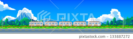 Landscape of electric train driving through the forest area. Asphalt road parallel to the railway tracks. Background of green grass and forest. And mountains under blue sky and white clouds. 133887272