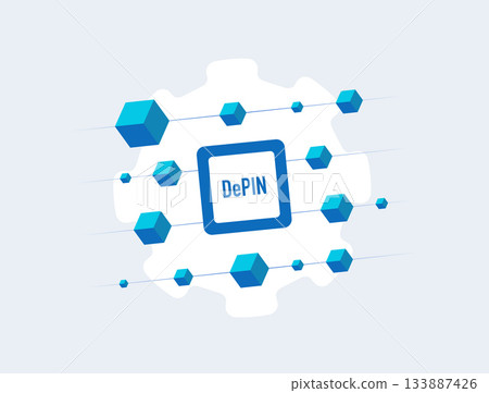 DePIN network illustration - decentralized physical infrastructure network with blockchain nodes. Depin blockchain modern flat vector concept 2026 133887426