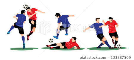 Set of two footballers tackle to win the ball back . Flat design cartoon character . Vector . 133887509