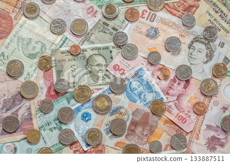 Close up Cash money World Currencies Banknotes, coins from different countries 133887511