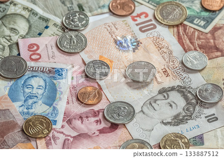 Close up Cash money World Currencies Banknotes, coins from different countries 133887512