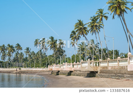 Embankment, sandy beach and beautiful palm trees. Seafront, beach horizontal view. 133887616