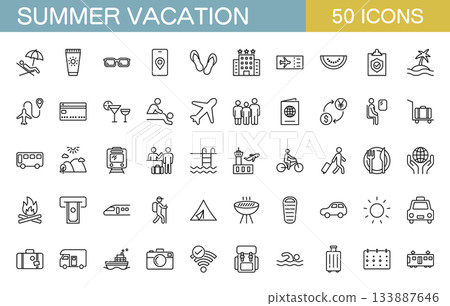 Summer vacation and travel line icon set Summer vacation and travel line icon set 133887646