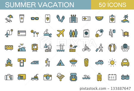 夏季假期和旅行線條圖示集（彩色） 133887647