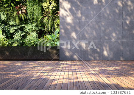 Modern loft style wooden deck with concrete panel wall and lush tropical vegetation 3D render Modern loft style wooden deck with concrete panel wall and lush tropical vegetation 3D render 133887681
