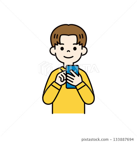 一位面帶微笑的年輕少年正在操作智慧型手機，上半身向量圖 material_color 133887694