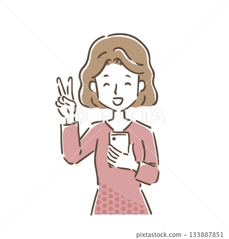A happy young woman holding a smartphone and making a peace sign with a smile A happy young woman holding a smartphone and making a peace sign with a smile 133887851