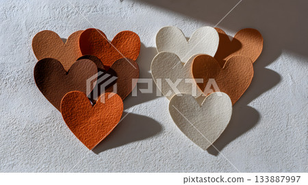 Colorful paper hearts arranged on textured surface creating a warm and inviting atmosphere Colorful paper hearts arranged on textured surface creating a warm and inviting atmosphere 133887997