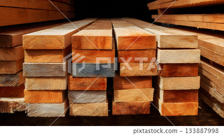 Stacked wooden planks showcasing various textures and colors in a lumber storage area 133887998