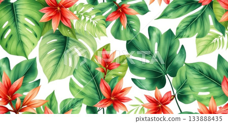 Tropical leaf and flower pattern, watercolor style, creating a beautiful nature design. 133888435