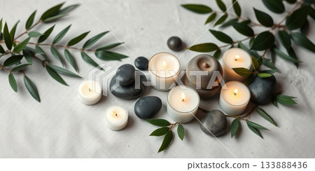 Serene Spa Still Life: Candles, Stones, and Greenery for Relaxation 133888436