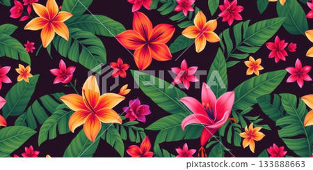 Vibrant tropical floral pattern with exotic blooms and lush foliage creating a beautiful background 133888663
