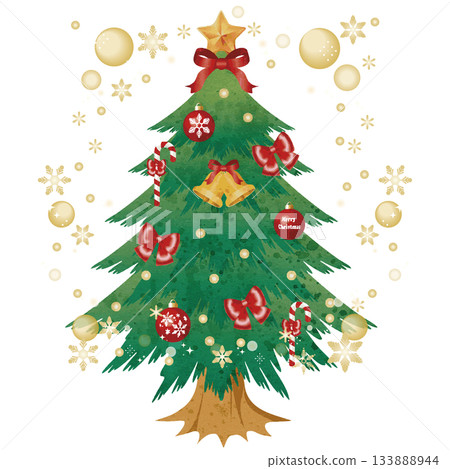 Gorgeous watercolor Christmas tree illustration with gold ornaments and snowflakes 133888944