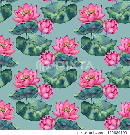 Watercolor seamless pattern featuring a bright pink lotus. Peaceful meditative artwork ideal for spa branding, mindfulness products, textiles, yoga accessories, and home decor. Watercolor seamless pattern featuring a bright pink lotus. Peaceful meditative artwork ideal for spa branding, mindfulness products, textiles, yoga accessories, and home decor. 133889103
