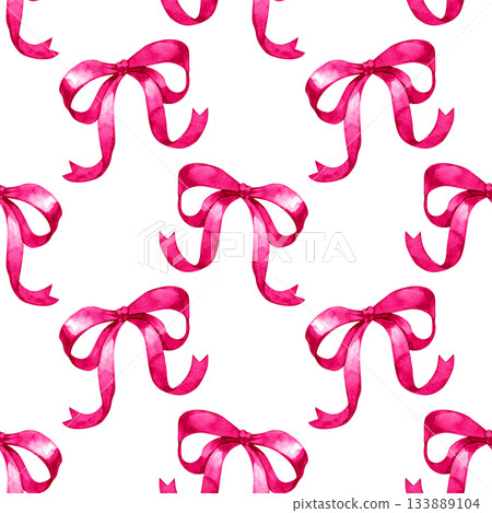Watercolor seamless pattern with bright pink bows. Elegant decorative design with festive ribbons, perfect for wrapping, crafts, celebrations, feminine themes, textiles, cards, and holiday projects. Watercolor seamless pattern with bright pink bows. Elegant decorative design with festive ribbons, perfect for wrapping, crafts, celebrations, feminine themes, textiles, cards, and holiday projects. 133889104