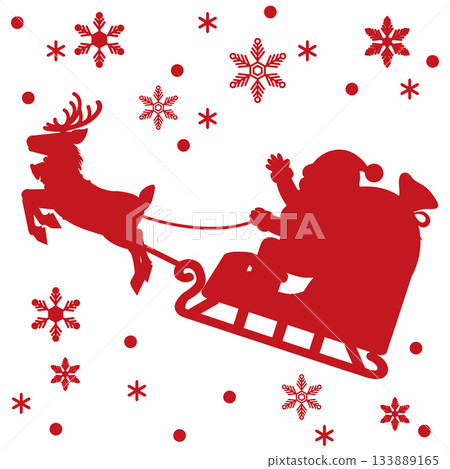 Santa Claus and reindeer sleigh silhouette, snowflakes and red background Santa Claus and reindeer sleigh silhouette, snowflakes and red background 133889165