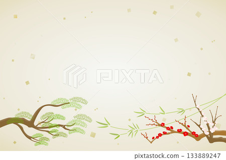 橫向日式新年賀卡模板，背景為松樹、竹子和梅花，飾以金箔。 133889247