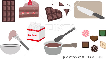 Valentine's Day chocolate making illustration set (chocolate bar, cake, truffles, confectionery tools) 133889446