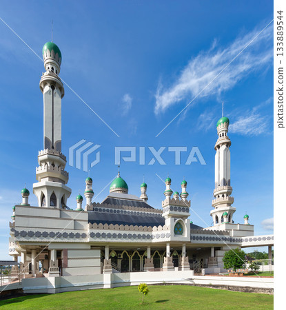 Masjid Duli Pengiran Muda Haji Al-Muhtadee Billah Mosque with green domes and minarets, Bandar Seri Begawan, Brunei. 133889544