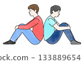 兩名年輕男子背靠背坐著的插圖 133889654