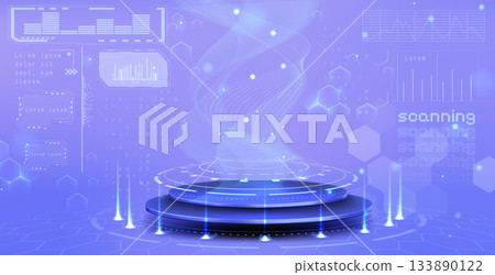 Hologram tech podium with neon light portal Hologram tech podium with neon light portal 133890122