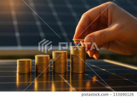 Building wealth through investment in renewable energy, showcasing coins stacked on solar panels, symbolizes financial growth and sustainability 133890126