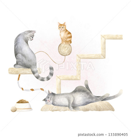 Cat room with furniture, food bowl and toys watercolor isolated illustration. Cute pets and kitten in animal friendly space clip art. Wooden stairs and cat bed for pet stores and rescue centers 133890405
