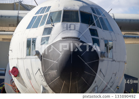 Side cockpit glazing of old preserved turboprop transport aircraft Side cockpit glazing of old preserved turboprop transport aircraft 133890492