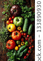 Fresh garden harvest displaying colorful heirloom tomatoes 133890930
