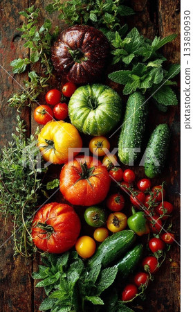 Fresh garden harvest displaying colorful heirloom tomatoes 133890930
