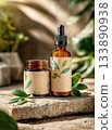 Skincare beauty products on stone with leaves 133890938