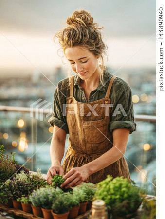 Woman gardening herbs on urban balcony at sunset 133890940