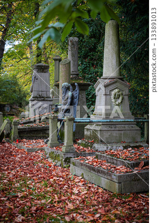 Ghent, Belgium - November 16 2024. Ancient cemetery tombs and grave stones on Campo Santo historical old graveyard in Sint-amandsberg municipality Ghent, Belgium - November 16 2024. Ancient cemetery tombs and grave stones on Campo Santo historical old graveyard in Sint-amandsberg municipality 133891013