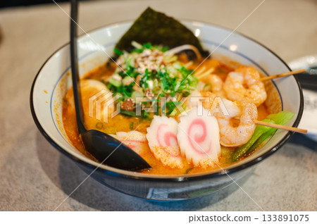 Japanese ramen soup with shrimps, egg, chives and sprout. High quality photo 133891075
