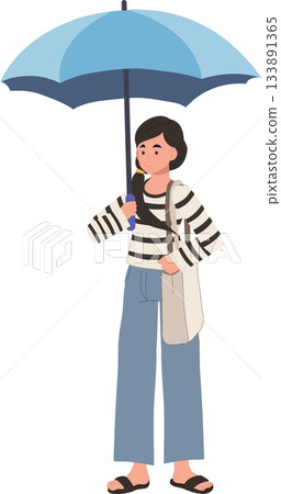 young woman with umbrella rainy day illustration casual outfit 133891365