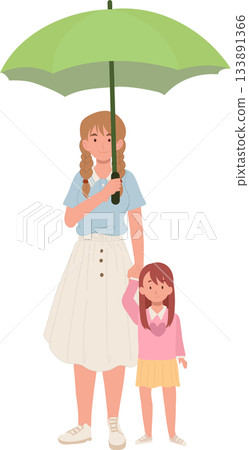 mother and daughter under green umbrella. A woman and young girl share a green umbrella on a rainy day 133891366