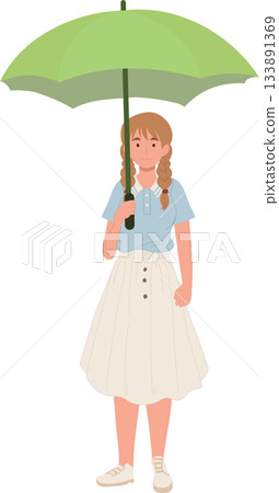 a young girl holding a green umbrella while standing outdoors 133891369