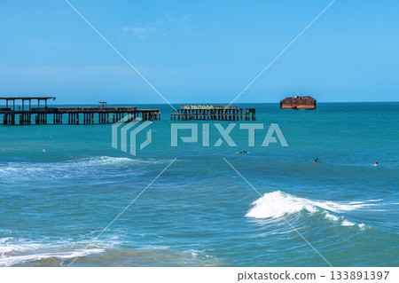 Ruined structure of the old Metal Bridge at Fortaleza in the state of Ceara, Brazil. 133891397
